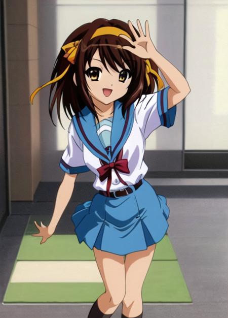 <lora:HaruhiSuzumiya:0.6>,very detailed ,highres,(masterpiece_1.0),(best quality_1.0),1 girl, solo,haruhi suzumiya, standing, waving hand, school uniform,yellow hairband, full body, looking at viewer,