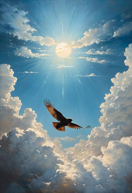(A bird flying in the clouds) (ingenious opus magnum by Michael Vincent Manalo and Elvira Vigna:1.2), (pastel oil painting:0.1), high key with glistening light, cosmic anddireful and dramatic atmosphere, (zestful quinacridone nickel azo gold and electricblue color swatch:0.1), raw details, crisp details, bokeh lights, <lora:xl_more_art-full_v1:0.6> ,analog photo, full body,, tall height, against the rise in the background, , , epic clouds, (oil on canvas:0.2), , art by Jeremy Mann, god rays, dramatic light,    ,  (art by Eduard Wilhelm Pose and Master of the Holy Blood and Ivan Bilibin:1.1), (oxygen-rich air and sheltered atmosphere,, aesthetic of hard - edge painting:0.1), symmetry and balance, pioneering unparalleled masterwork with superior details, <lora:MJ52:0.90> <lora:xl_more_art-full_v1:0.4> <lora:RMSDXL_Creative:1>,(skin texture),masterpiece, top quality, best quality, official art,highest detailed,,atmospheric lighting, cinematic composition,complex multiple subjects, 4k HDRvaporwave style , , cyberpunk, vibrant, neon colors, , highly detailed,,,Leica Q2 with Summilux 35mm f/1.2 ASPH, ,clear face, Ultra High Resolution, wallpaper, 8K,Rich texture details, hyper detailed, detailed eyes, detailed background, dramatic angle,