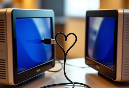 Realistic photo.
Two computers are connected with a USB cable.
The USB cable has a heart shape in the middle.
The two computers are on a table.
Very detailed.
High contrast.
Depth of field.