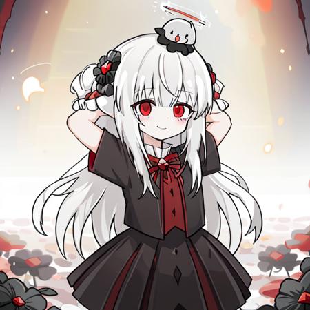 1girl,long hair,red eyes,solo,halo,flower,white hair,black flower,long hair,evil smile,red moon,arms behind head,hitodama, <lora:tebolika-000008:0.85>,<lora:BlackSouls:0.55>,