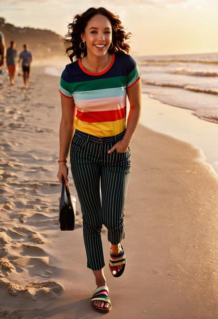 cinematic film still <lora:AlexisTae_SDXL_v1.0:1> 
immaculate photography of an ((ohwx woman)) wearing colored shirt and striped pants and sandals, by nini jin. high detail painting 8k resolution ultra hd digital art trending on Artstation and deviantart intricate photo 50mm f/1.16 rendered in octane cinema 4d with spotlight from the left of her laughing on a beach! crashing waves!! delicate details vivid lighting hyper realistic volumetric shadows bokeh depth rimlight lens background prize winning photograph seaside fun photography . shallow depth of field, vignette, highly detailed, high budget, bokeh, cinemascope, moody, epic, gorgeous, film grain, grainy