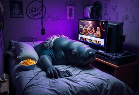 Photorealistic depiction of a manatee: the King of the manatees lays on a small unkempt bed inside a dank dirty room with purple LED lighting. He has greasy dyed black hair with white roots on his head. Beside his pillow on the bed is a bowl of mac'n'cheese. He is reaching for the mouse and keyboard in the foreground. He stares at a computer monitor which displays an nsfw video streaming website named "dornhub" featuring plus sized walruses in bikinis