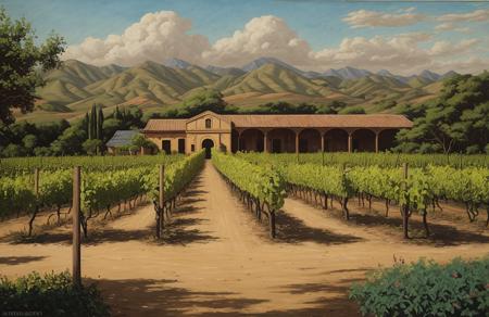 (Vincent Di Fate:0.4), scenery,scene painting,a painting, hacienda ,arboretum ,vineyard ,