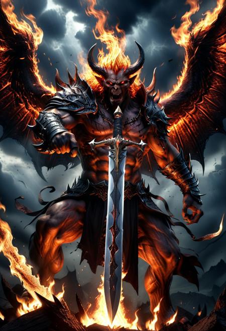 score_9, score_8_up, score_7_up, score_6_up, score_5_up, score_4_up, (absurdres, best quality, masterpiece:1.4), illustration, photorealistic, cinematic lighting, dynamic angle, perfect composition, demon king, flaming sword, battle scars, determined expression, demonic wings, dark sky, flames, intense power, aura of fear, destructive