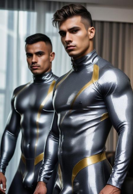 two strong 24-year-old spanish bodybuilder  males, with a side fringe curtains hairstyle, detailed face, confused expressions, wearing a skin tight gray latex futuristic suits with silver and gold latex details, wearing skin tight dark-gray latex jockstraps, standing at attention posture,  on a modern living room, looking to the camera, detailed face, professional photography, shot on sony a 7RIII , looking to the camera,  detailed skin face and eyes, natural lighting ,  film grain, low contrast, natural face,  dark circles under eyes