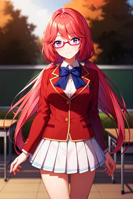 airi sakura, blue eyes,, long hair, red hair, low twintails, glasses school uniform, bow tie, red jacket, white skirt, pleated skirt, stockings