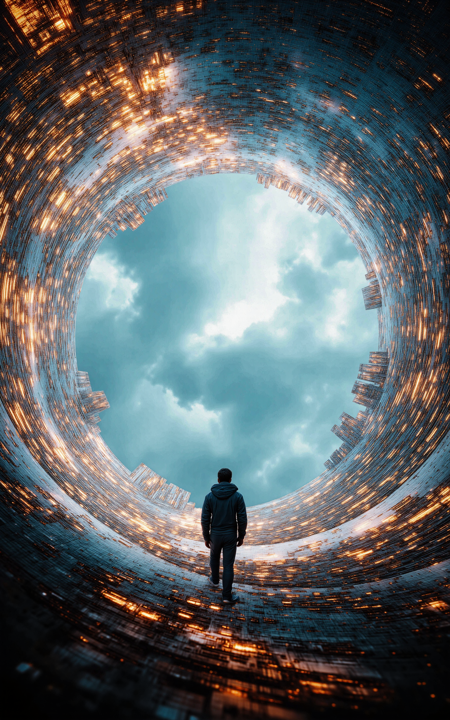 A person standing at the center of a circular tunnel formed by metallic panels, looking upward toward a circular opening that reveals blue sky and white clouds above. The figure wears dark clothing and appears small against the massive cylindrical space. Warm golden artificial lighting emanates from countless illuminated panels in the walls that curve upward in all directions. 