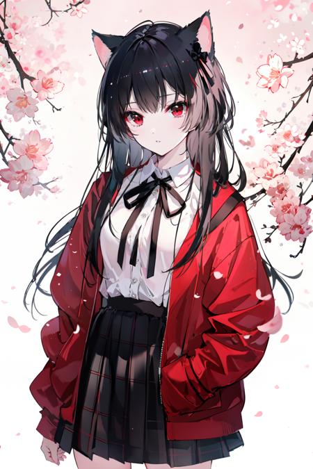 (masterpiece:1.2),best quality,PIXIV,cat girl,
1girl,solo,animal ears,red eyes,skirt,long hair,shirt,black hair,white shirt,looking at viewer,cat ears,red jacket,ribbon,bangs,jacket,flower,black skirt,bow,open clothes,long sleeves,parted lips,pink flower,collared shirt,open jacket,black bow,cherry blossoms,black ribbon,red ribbon,neck ribbon,bowtie,hair ribbon,plaid,plaid skirt,pleated skirt,
<lora:cat girl-000018:0.8>,