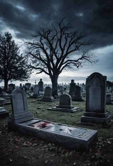 The Specter’s Hand: A ghostly landscape in an abandoned cemetery, with ancient, half-destroyed tombstones. At the center, a skeletal hand emerges from the ground, surrounded by an ethereal glow. The sky is ashen, with threatening clouds swirling above the scene with tree well-dressed girls that are drinking blood with a ghostly face
make that artistic