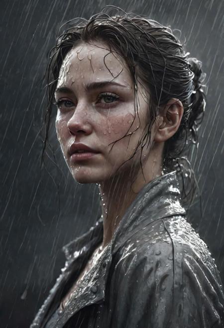 upper body photo of a woman, she's wet from the rain, desaturated, elegant, highly detailed, digital painting, artstation, concept art, smooth, sharp focus, illustration