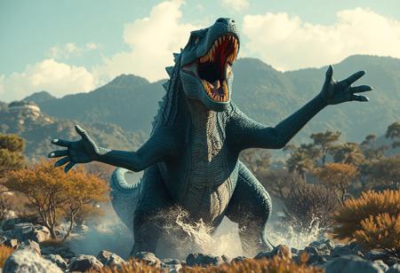 Blue Dogoran Kaiju roaring in Hidden Springs, Far East. Playful dinosaur, open mouth, outstretched arms. 4K, matte painting, octane render, Unreal Engine 5, Raphael style, Houdini style, dynamic dramatic cinematic lighting, trending on Artstation, CGSociety, hyperdetailed, 16K, cinematic, excellent composition, aesthetic, golden ratio.