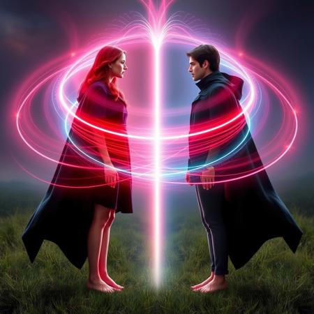 an ethereal and glowing representation of an royal dark haired masculine with perfect hands and dark hair, and a elegant red headed woman both wearing dark capes, standing barefoot in the grass. They are facing each other. They are both emitting a vibrant electromagnetic field resembling Earth's magnetic field, characterized by sweeping aurora-like arcs and lines that curve outward from the head and wrapping around to the feet of the figure. Use shades of red, blue to mimic Earth's aurora borealis, with a subtle shimmering effect to enhance the dynamism of the magnetic field. The overall tone should feel both scientific and artistic, blending realism with an otherworldly aesthetic.