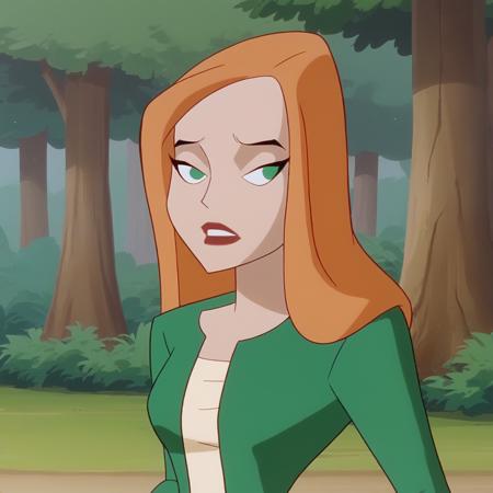 jackiewallace, 1girl, solo, orange hair, long hair, green eyes,  lipstick, jacket, shirt, red pants