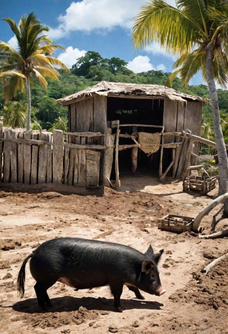 A photorealistic image captures the quaint charm of a small pirate pig farm on the outskirts of Tortuga. The scene focuses on a muddy pen where a couple of contented pigs are lazily wallowing under the warm Caribbean sun. The pigs, with their spotted hides and relaxed postures, are the main subjects. In the background, a rustic wooden fence and a few palm trees can be seen, with a glimpse of the turquoise sea beyond. The image conveys a sense of simple, everyday life even in the midst of a pirate's world, highlighting the contrast between the adventurous tales and the mundane realities.