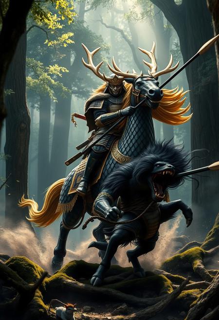 A Samurai in Full Armour with Mask and Swords, ornate, battle-worn armor rides atop a majestic Kirin through a misty Japanese forest. The Kirin’s scales resemble dark lacquer edged with shimmering gold, giving it a regal, polished appearance. Its large, elk-like antlers gleam in gold and silver, catching the dappled sunlight breaking through the dense canopy. The Kirin’s golden mane flows like liquid fire as it charges forward with an aura of divine power. The Samurai, gripping a long Japanese spear (Yari), delivers a decisive strike to a Demonic (hkwarrior) with wild hair and sharp claws, mid-attack. The forest is alive with towering trees, moss-covered roots, and swirling mist, framing the dramatic and mystical battle. Kodama, can be seen peeking from the branches of trees and on the ground,