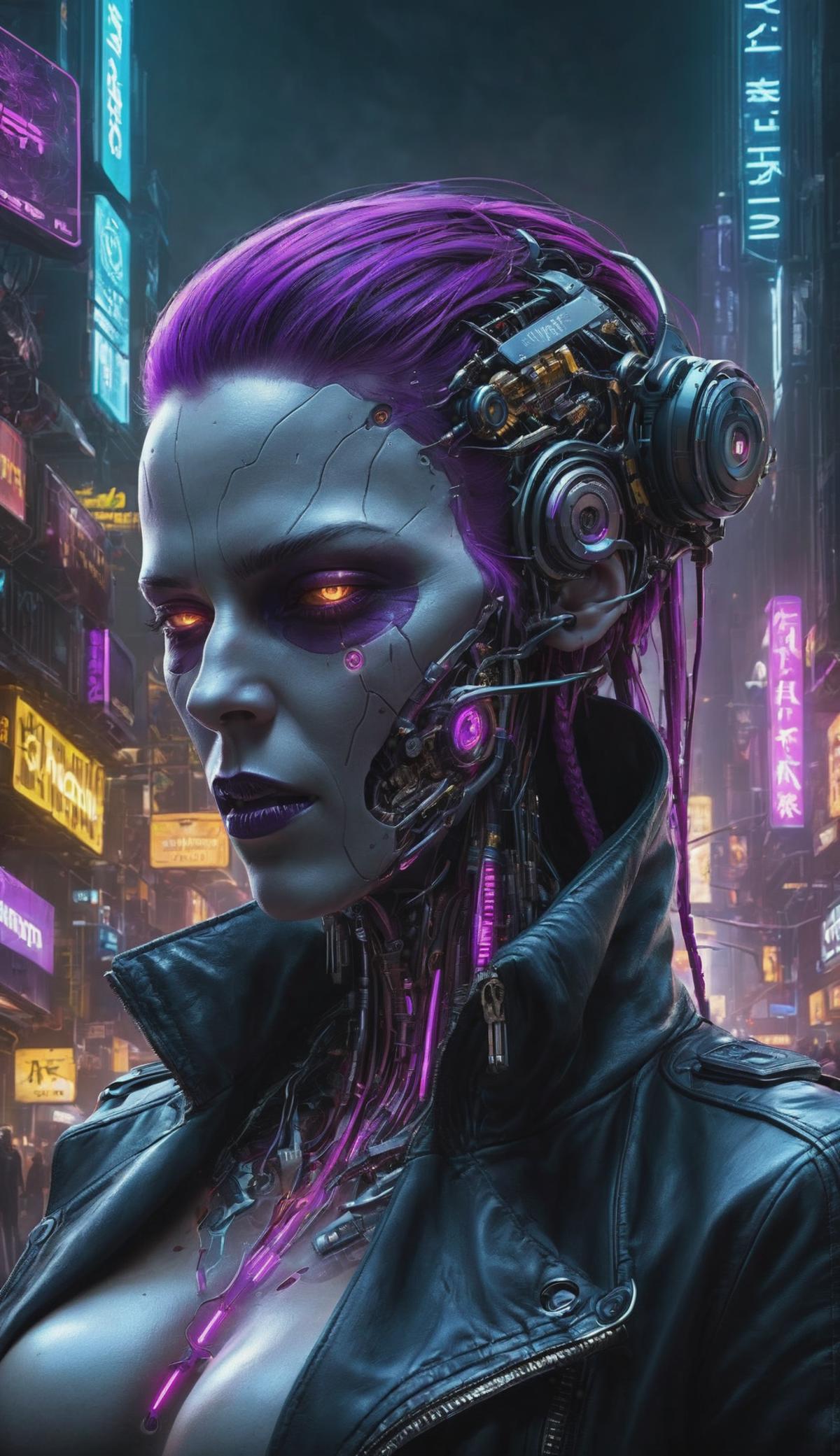 Futuristic Cyborg Woman with Purple Hair and Purple Makeup.