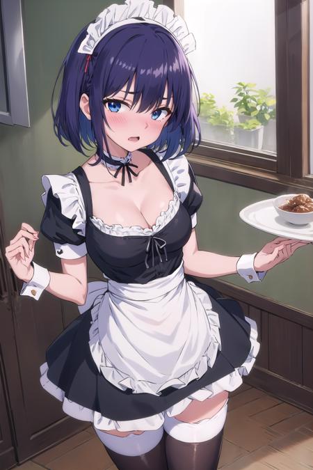 <lora:hoshizuki_kaede:1> hoshizuki kaede, 1girl, purple hair, solo, breasts, looking at viewer, blush, short hair, open mouth, blue eyes, thighhighs, dress, cleavage, medium breasts, short sleeves, frills, choker, puffy sleeves, black thighhighs, apron, puffy short sleeves, zettai ryouiki, wrist cuffs, maid, maid headdress, white apron, maid apron