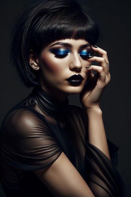 The image is a high-resolution photograph of a person with an ethereal, surreal aesthetic. The subject is a woman with a striking, statuesque appearance, her face and body draped in a dark, almost black, high-fashion ensemble. She has her eyes closed, giving an impression of serenity or contemplation. Her makeup is dramatic, with dark, matte lipstick and eyeshadow that matches the dark tones of her attire. dutch view,