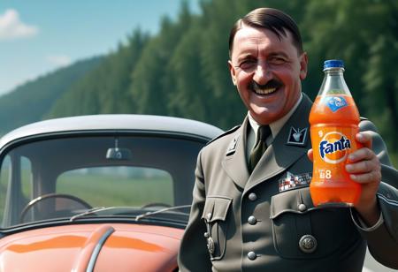 Smiling Adolf Hitler holding a fanta bottle,  on a german highway with a WV  beetle, OL flag and activity in the background, <lora:Adolf-Diffusion2:0.7> adolfhitler  <lora:CokeGirls:1> advertisement, Fanta, High quality, realistic, UHD, 8K
