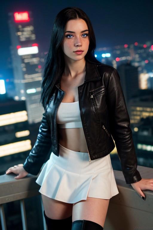 a portrait of a cyberpunk girl, (pale skin with freckles and straight black hair, blue eyes), muscular BREAK
wearing a (red bolero jacket, white dress with short skirt, tighthigh boots) BREAK
on a ledge overlooking a cyberpunk city at night BREAK
CHRRY, very detailed skin, skin pores, dolly zoom, dutch angle, lens flare, spot lights, sharp focus, intrincate details