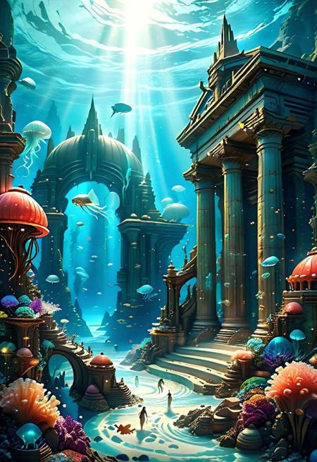 An awe-inspiring underwater metropolis of Atlantis, bathed in ethereal luminescence, where prismatic coral gardens weave through crystalline palaces and gravity-defying bridges sculpted from iridescent pearl strands. Bioluminescent jellyfish drift like celestial lanterns, illuminating bustling streets where merfolk adorned in flowing garments exchange treasures and whispered tales. Grand amphitheaters resonate with harmonious waves of song, their melodies shaping the very currents. Ancient leviathans glide in graceful reverence as whimsical spirit fish leave dazzling trails of energy. The atmosphere ripples with liquid silk, shifting between sapphire, turquoise, and molten gold as Atlantean magic dances through the waters. A celestial ritual unfolds beneath shimmering constellations—a dreamlike spectacle captured in ultra-detailed, cinematic watercolor strokes, exuding motion, wonder, and breathtaking surrealism.