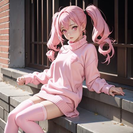 1girl, pink eyes, pink hair, twintails, pink sweater dress, (pink stockings), pink thighhighs, scenery, outside,