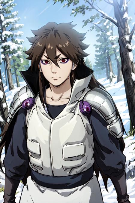 Indra, masterpiece, best quality, 1boy, brown hair, long ponytail, red eyes, short eyebrows, upper body, ninja armor, purple aura, outdoors, snow, forest, <lora:indra:1>