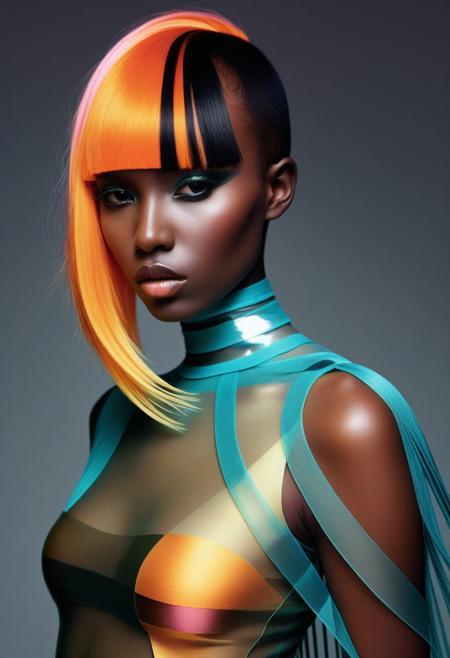 The image is a high-resolution photograph of a young woman with a striking, avant-garde appearance. The subject is a person with a pale complexion and a distinctive hairstyle featuring long, wavy hair with vibrant orange and pink highlights. Their hair is styled with a fringe that frames their face and features two long, black extensions with a feathered texture.
The image is a photograph showcasing a fashion-forward outfit worn by a person with a dark skin tone. The subject is dressed in an avant-garde, futuristic ensemble. The top is a translucent, teal-colored, semi-sheer fabric with horizontal stripes, creating a layered, almost armor-like appearance. The fabric is glossy and reflective, giving it a high-tech, metallic sheen.
The image is a photograph featuring a person with a striking, avant-garde hairstyle and outfit. The subject is a woman with a bold, vibrant yellow hair color that has a striking contrast with her dark roots, creating a striking, almost tribal pattern. Her hair is styled in a blunt, straight cut with bangs that cover her forehead, adding to the dramatic effect.