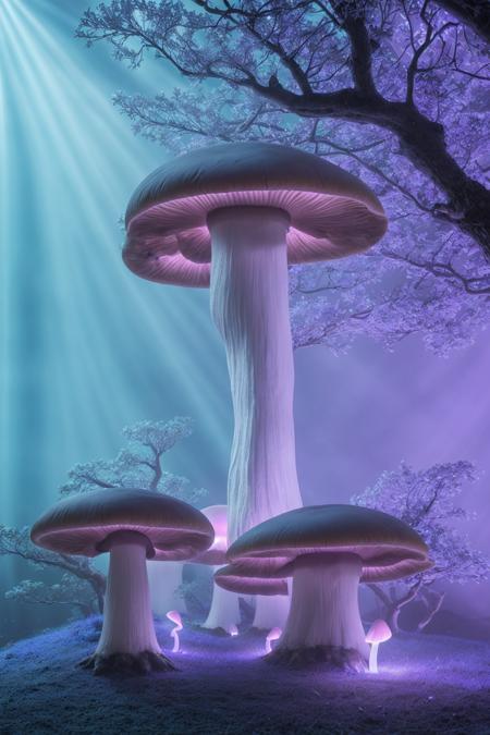 misty enchanted forest, glowing mushrooms scattered on the forest floor, ancient trees with twisting branches, soft blue and purple lighting, gentle fog rays through trees, fantasy magical vibe, high detail forest floor