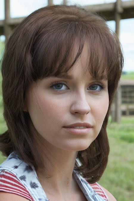 closeup, facing viewer, eye contact, looking t viewer, (masterpiece:1.1), (highest quality:1.3), (realistic:1.3), (realism, hyperrealism:1.2), intricate detailed skin, (high detail:1.1), wearing denim overalls white shirt on a dairy farm with barn behind her, high dynamic range, directional lighting, sharp focus, <lora:HaydenWinters5:1>, bangs