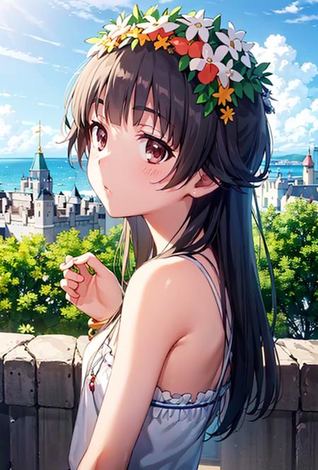 uiharu_kazari,  <lora:Kazari_v1-000008:1>, 
(8k, RAW photo, best quality, masterpiece:1.2),
 jewelry, bracelet, day, solo, cloud, horizon, long_hair, outdoors, looking_at_viewer, the best quality, masterpiece, castle wall,