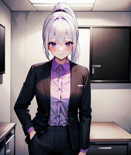 <lora:agingdiffusion_based_isedol-000008:0.8>, (1girl, solo, masterpiece, best quality, extremely detail, absurdres), indoors, light smile, blush, shirt, collared shirt, suit, formal_trousers, office, (ine, white hair, purple eyes, high ponytail)