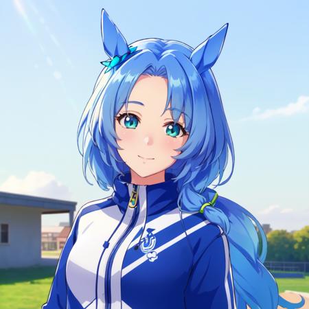 godol,1girl,horse girl,blue sky background,high quality,sunlight,midday,<lora:god03v9:0.7>,track jacket,upper body,green eyes