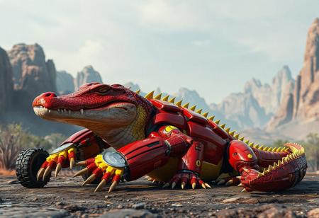 Create a high-resolution, 4K matte painting of a Cyber-Tech Alligator at rest, with a dynamic action pose, against a backdrop of a cybernetic hidden technology landscape. The alligator, predominantly red and yellow, has a red head with a yellow visor, and a body adorned with yellow accents. Its arms, also red, end in yellow hands equipped with black wheels. Despite the complexity of its components, the alligator appears to be in a state of rest, awaiting its next adventure. Utilize vivid colors, sharp lines, and brush strokes, intricate details, and cinematic lighting to emphasize the alligator's lifelike details, detailed face, eyes, and clothes. Handcraft with precision, aiming for exceptional quality, harmonious colors, and a captivating focus. Intend for this artwork to be trending on ArtStationHQ, and optimize for CGSociety and a golden ratio composition. Use Octane Render and Unreal Engine 5 for realistic textures, and Raphael and Houdini styles for aesthetics. The final piece should convey a powerful message with joyful impact.