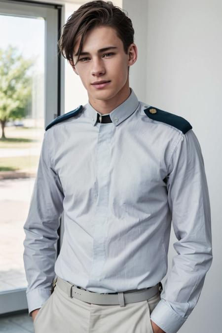 realistic, sfw, an attractive 18 years old fit caucasian boy standing, smug, full body shot, police uniform, <lora:elliotmeeten_lora:0.7>, elliotmeeten,