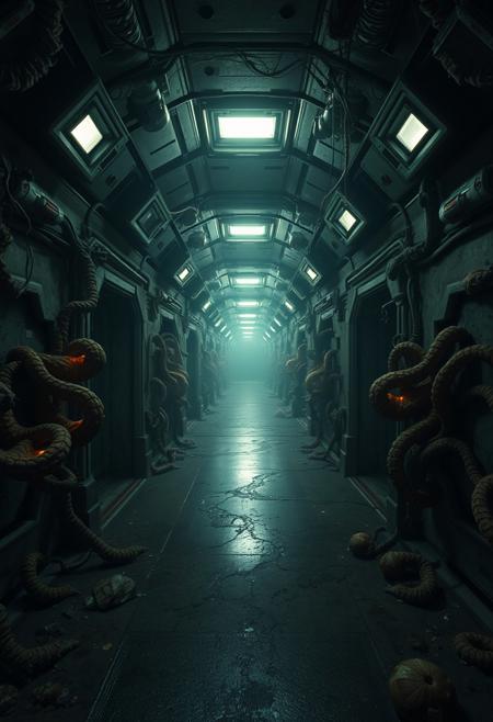 A terrifying corridor within a decaying spaceship, illuminated by a few flickering, weak lights. The walls are covered in strange, pulsating organic matter, and the air is filled with an eerie, low hum. The floor is slick with an unknown, dark substance, and the corridor seems to stretch endlessly into the darkness. There's an overwhelming sense of dread, as if the ship itself is alive and malevolent.
