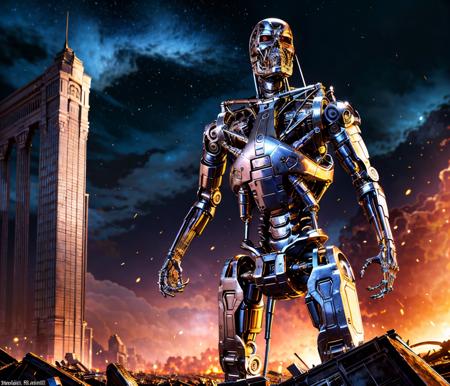 apocalypse buildings in ruins destroyed, night sky,  full body shot (Realisitc:1.5) man terminator, <lora:EdobTerminator_v1.0:0.8>