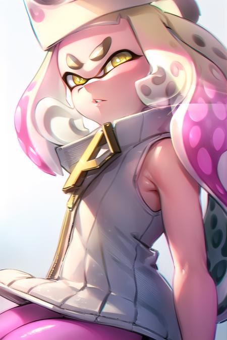 (pearl \(splatoon\):1.5), + +, short hair, (yellow eyes:1.5), pink hair, white hair, multicolored hair, pointy ears, mole, mole under mouth, two-tone hair, gradient hair, tentacle hair, thick eyebrows, dress, pantyhose, boots, sleeveless, white dress, sleeveless dress, white footwear, crown, zipper, zipper pull tab, pink pantyhose,