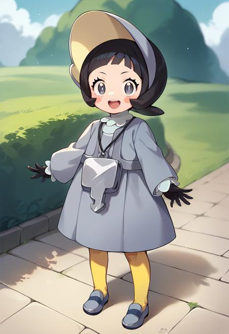  ctianpoppy, grey eyes, blush stickers, grey dress, long sleeves, bonnet, yellow pantyhose, necklace, black gloves,