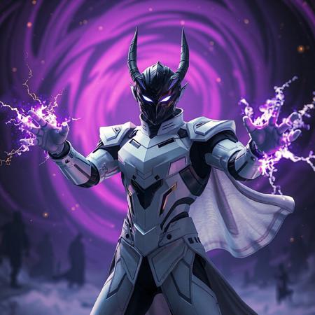 A cinematic portrait of Dragonox, the Empowered Warrior in a dynamic battle stance: arms outstretched, crackling energy arcs radiating from his palms. Clad in a sleek white armored suit with black geometric accents and a matte-black mask featuring glowing white eyes that pierce through shadows. Set against the Dream Mirror of Joy—a swirling vortex of deep purple and inky black hues, dotted with distant blurred silhouettes and faint golden runes. Hyper-detailed textures: polished armor plates, smoldering energy trails, and ethereal cloak fabric. Stylized with Final Fantasy grandeur and Cyberpunk 2077 neon aesthetics. Rendered in Unreal Engine 5 realism, Octane Render gloss, and Dutch angle composition. Color palette: stark white armor, neon purple energy, and void-like blacks. Background features volumetric fog and celestial debris. Trending on ArtStation, 8K HDR, golden ratio framing. Tags: futuristic warrior, dynamic energy, hyperrealistic lighting, cinematic depth-of-field