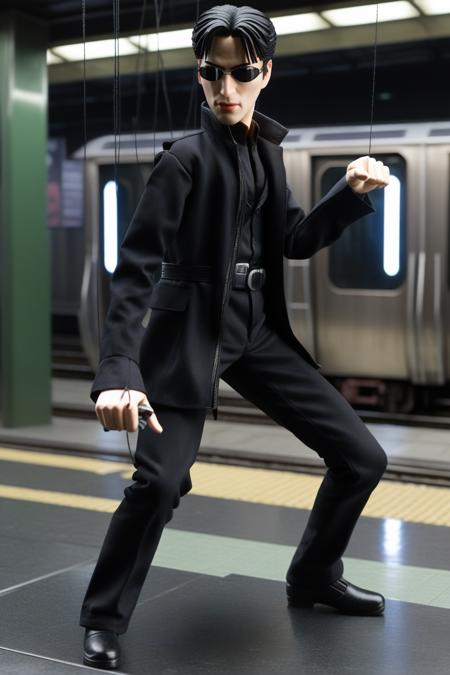 neo in fighting stance, matrix, dark subway station, marionette, <lora:marionette_lora_sdxl:0.85>