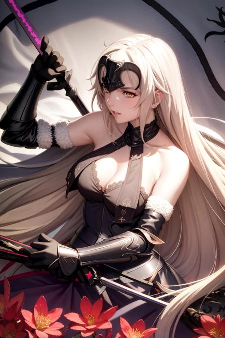 masterpiece, best quality,1girl,(little girl:1.4), jeanne d'arc alter (fate), jeanne d'arc alter (avenger) (fate), yellow eyes, solo, breasts, gloves, flower, weapon, elbow gloves, long hair, jeanne d'arc alter (avenger) (third ascension) (fate), sword,(kbxll:0.6)