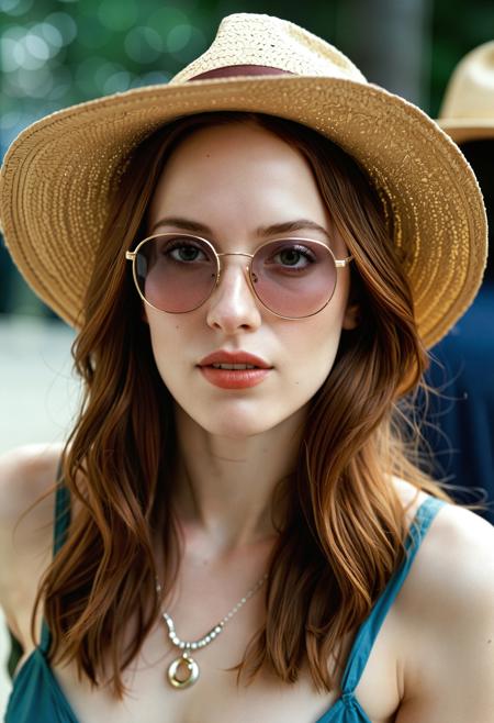 analogue portrait photo of 25 years old woman, clear focus, high resolution image, ,perfect face, sexy pose, wearing Linen jumpsuit, Slide sandals, Straw sun hat, Oversized sunglasses, Woven tote bag, Shell necklace, perfect eyes, detailed eyes, detailed iris, realistic skins absolute perfect tits, soft tits, natural tits,low light, soft natural light, Rembrandt style light, Hasselblad DLSR camera, 200mm Zeiss lens, f/2.8, ,Sexy pose, erotic pose, exhibitionism ,Italian piazza