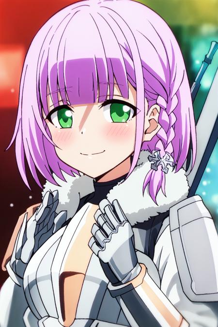 leo, 1girl, purple hair, short hair, green eyes, bangs, blush, braid, side braid, looking at viewer, armor, hair ornament, weapon, sword, smile
high quality, best quality, ultra detailed, masterpiece, big breast, detailed hands, small breast, <lora:EMS-52531-EMS:0.700000>