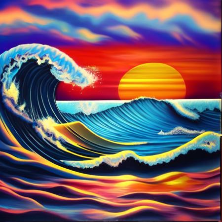 (retrotide style:1) a painting of an ocean wave with a sunset in the background <lora:djzRetroTideV21_LoraBooth:1>