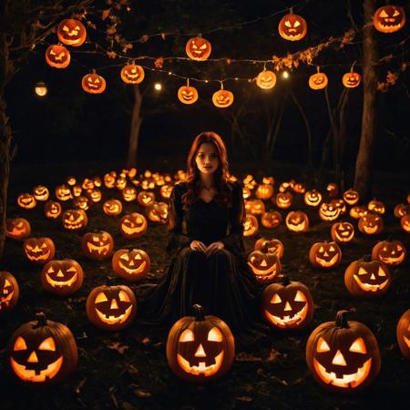 A woman sitting in the middle of a circle with Jack O'Lanterns surrounding her. The atmosphere is eerie and spooky with ghosts lingering in the periphery. And the whole scene is lit by the lights inside the Jack O'Lanterns.