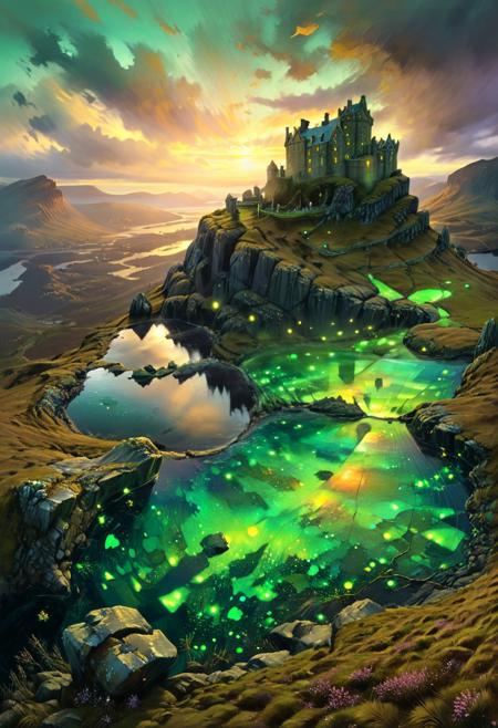 (by Ellen Jewett:1.5), (slightly gold Bioluminescent Impressionism, Scottish highland  landscape, The Dreamland, green earth, heather, sky sunset, sunrise, great castle on a crag, Crag, highland mountains, ethereal landscapes, depth of field, biotech emotion:1.3) <lora:xl_more_art-full_v1:0.5> <lora:add-detail-xl:1> <lora:RMSDXL_Creative:2>*Channel_42* PEAnimeBG
