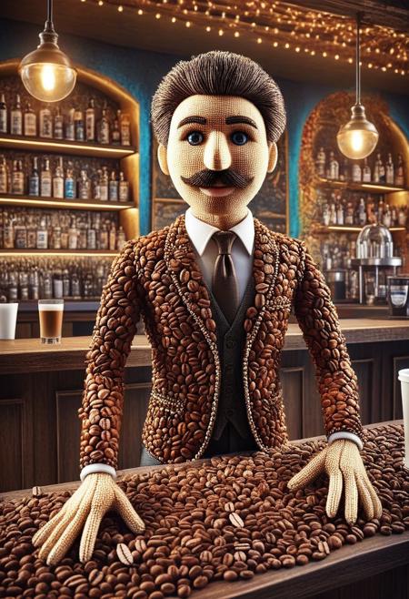 puppet, bartender, standing at the bar, detailed background, artistic, look at the viewer, rating safe, fantasy background, colorfull, coffee beans
