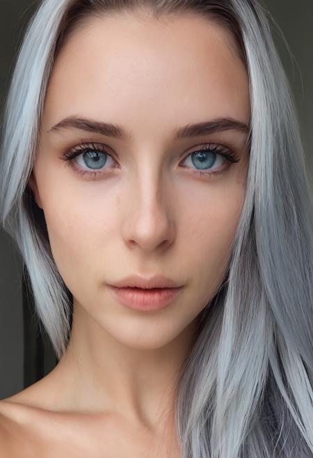 selfie, 1girl, solo, realistic 24 year old, flat chest, Gray layered hair, Lithuanian real world location, mahogany skin, light blue eyes, fair skinned, best quality, RAW photo, subject, 8k uhd, high quality, photorealistic, affluent, Soft-focus shot <lora:selfieXLrd:0.9>