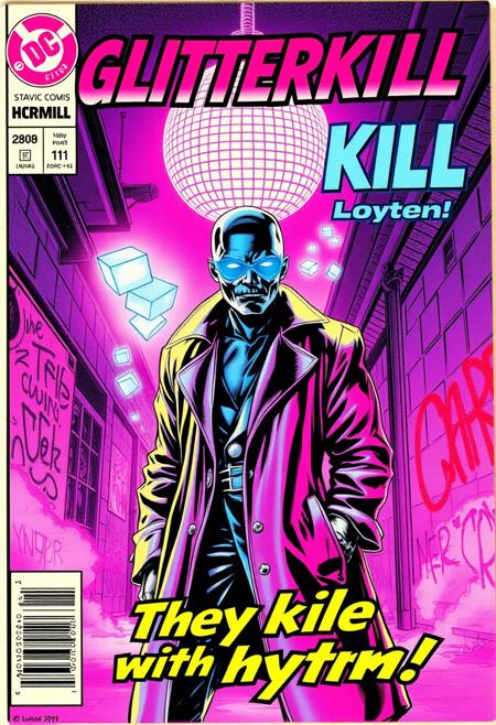 1980s comic book cover featuring a chrome-skulled vigilante named Glitterkill, standing under a glowing disco ball in a neon-lit alley. The character wears a shimmering trench coat with refracted light patterns, glowing eyes, and floating geometric cubes around them. Bold retro typography displays the title "GLITTERKILL" at the top, with the tagline "They kill with rhythm!" in stylized disco font. Background includes fog, graffiti, and synthwave colors—purple, magenta, electric blue. Art style mimics vintage Marvel and DC covers from the 1980s, with dramatic shadows, halftone texture, and pulp action flair.